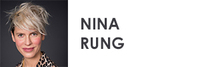 Porträtt av en kvinna med kort, ljust hår och leopardmönstrad topp. Texten 'Nina Rung' står bredvid.