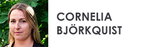 Porträtt av en kvinna med ljust hår framför gröna blad, med texten Cornelia Björkquist till höger.